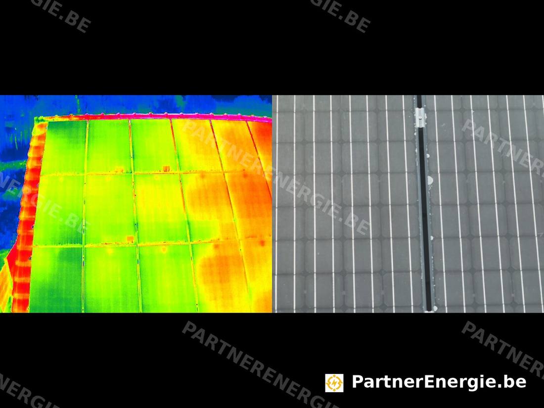 Comparatif thermique et RVB d'un pan de toiture solaire, hot-spot visible en zone orange