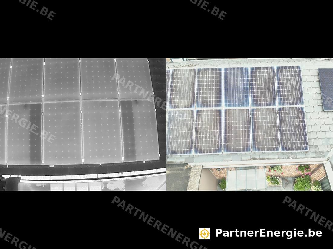 Thermographie white-hot et photo réelle d'une installation photovoltaïque avec deux sous-chaînes défaillantes