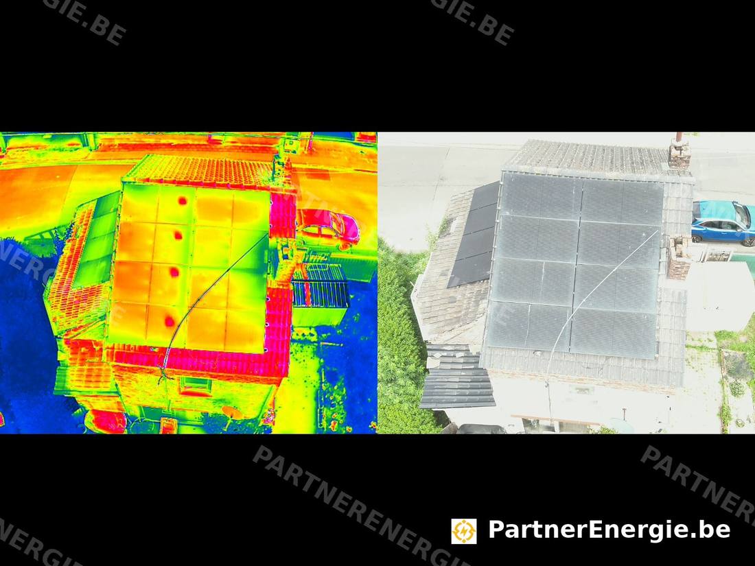 Inspection thermique par drone : quatre points chauds alignés sur des modules