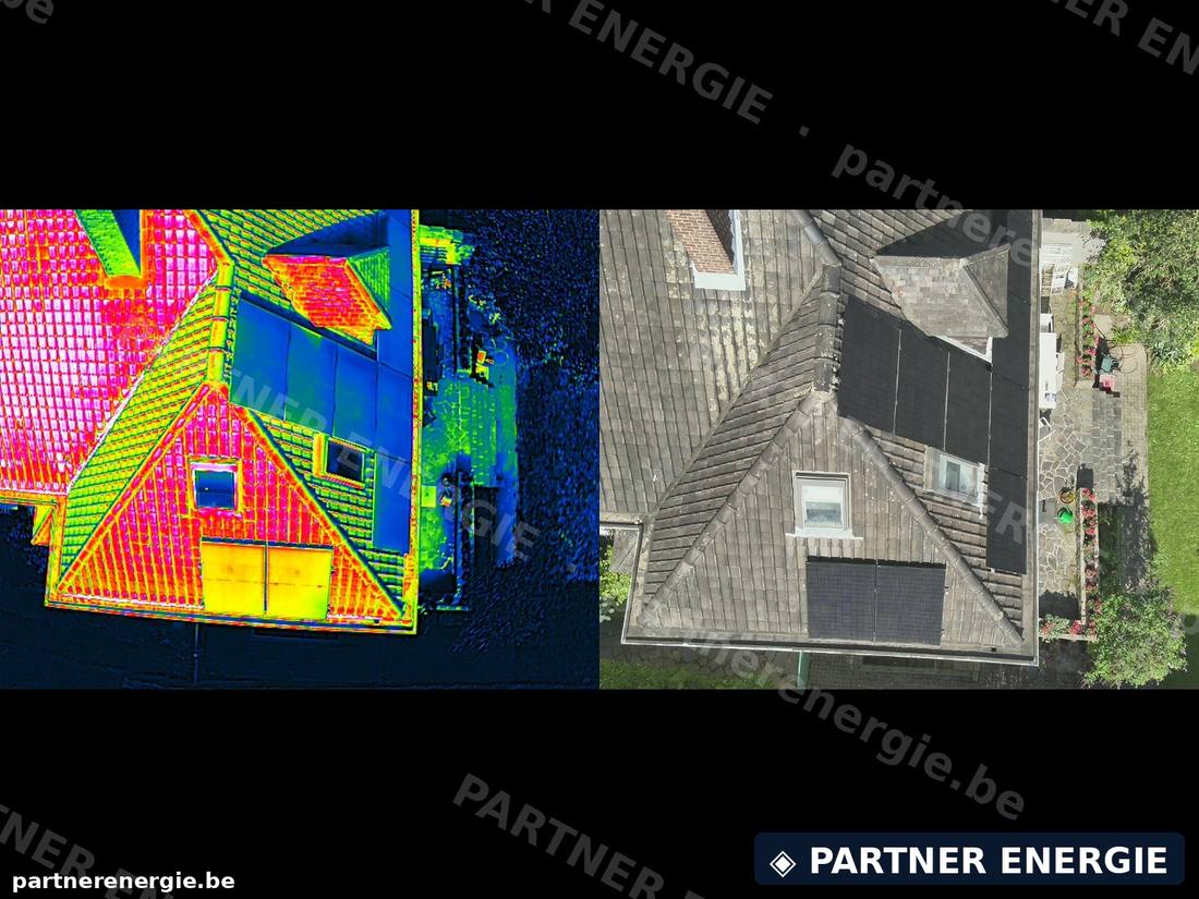 Comparatif thermographie infrarouge et photo réelle d'une toiture photovoltaïque, points chauds visibles en rouge et magenta — Partner Energie