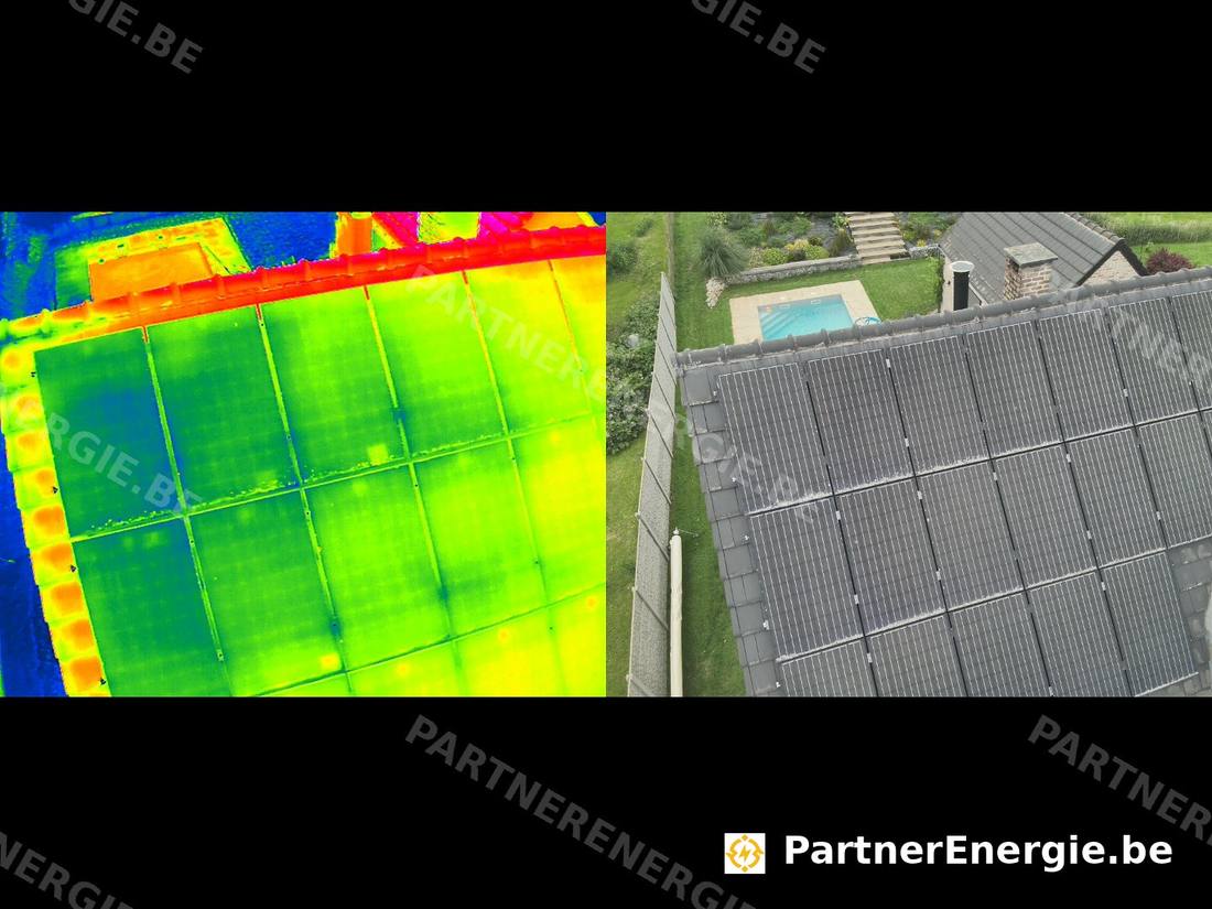 Comparatif thermographie et photo réelle d'une installation photovoltaïque résidentielle avec piscine visible en arrière-plan
