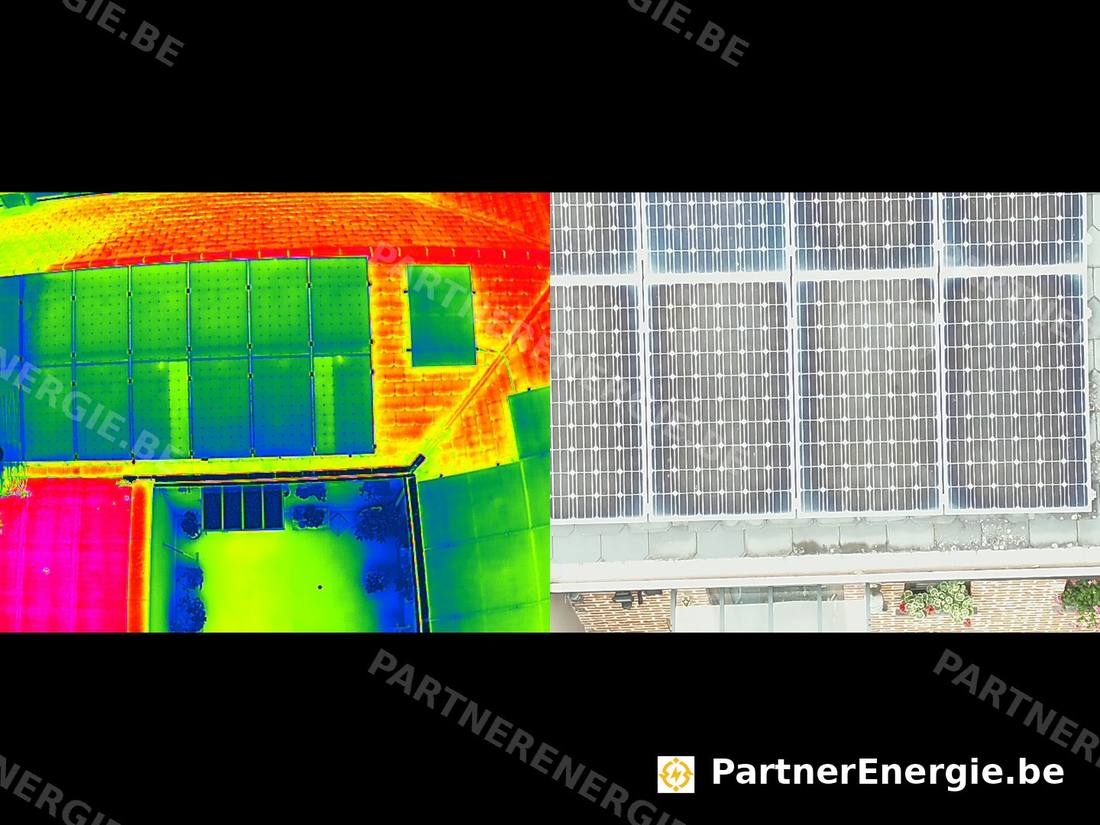 Inspection thermique par drone d'une installation photovoltaïque en Wallonie — comparatif thermique et photo réelle, palette rainbow