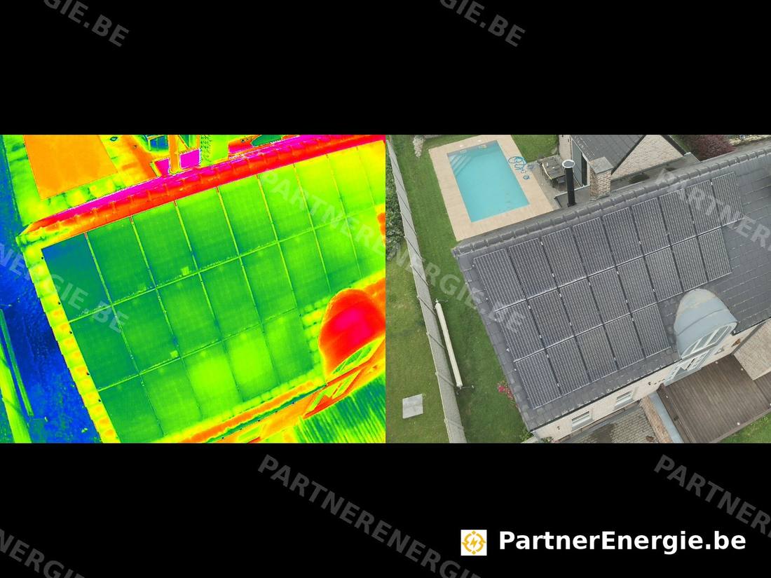 Vue thermique rapprochée d'un module photovoltaïque avec point chaud localisé