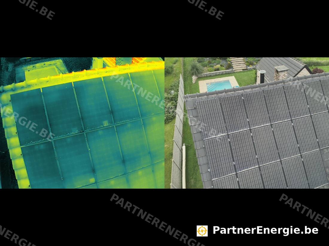 Comparatif thermique et RVB montrant deux points chauds adjacents sur la rangée supérieure de modules