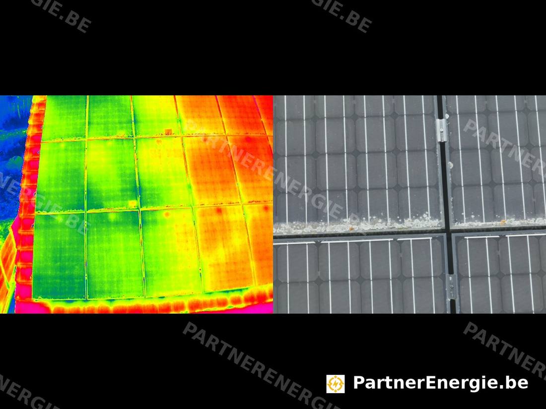 Comparatif thermographie infrarouge et photo réelle d'une toiture photovoltaïque après sinistre grêle