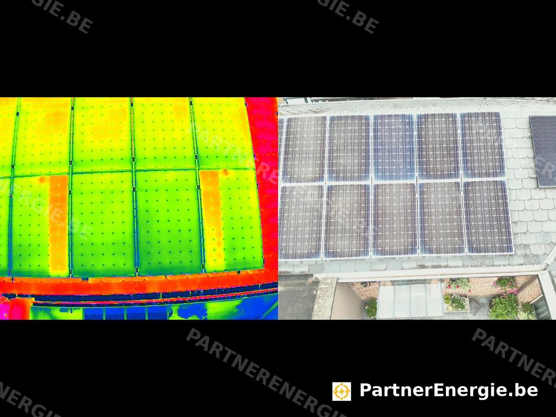Thermographie par drone montrant deux bandes verticales en surchauffe sur des panneaux photovoltaïques — défaut de sous-chaîne