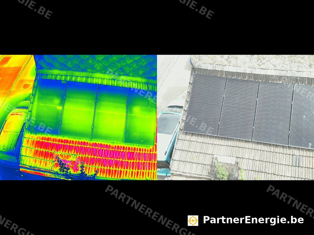Thermographie par drone d'une rangée de 4 panneaux solaires sur toiture en tuiles — comparatif thermique et photo réelle