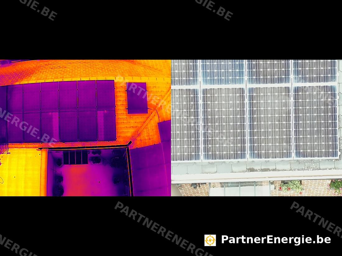 Thermographie palette magma et photo réelle d'une toiture photovoltaïque en Wallonie