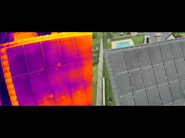 Drone thermique survolant une toiture de panneaux solaires près de Namur