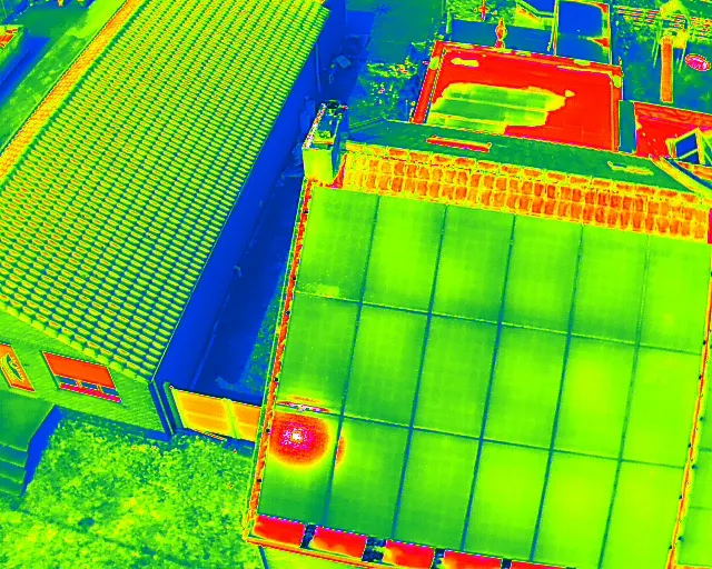 Drone thermique survolant une toiture couverte de panneaux solaires par temps ensoleillé