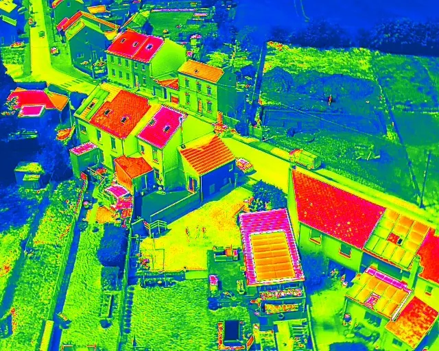 Image thermique d'un plafond montrant une zone plus froide autour d'une tache d'humidité