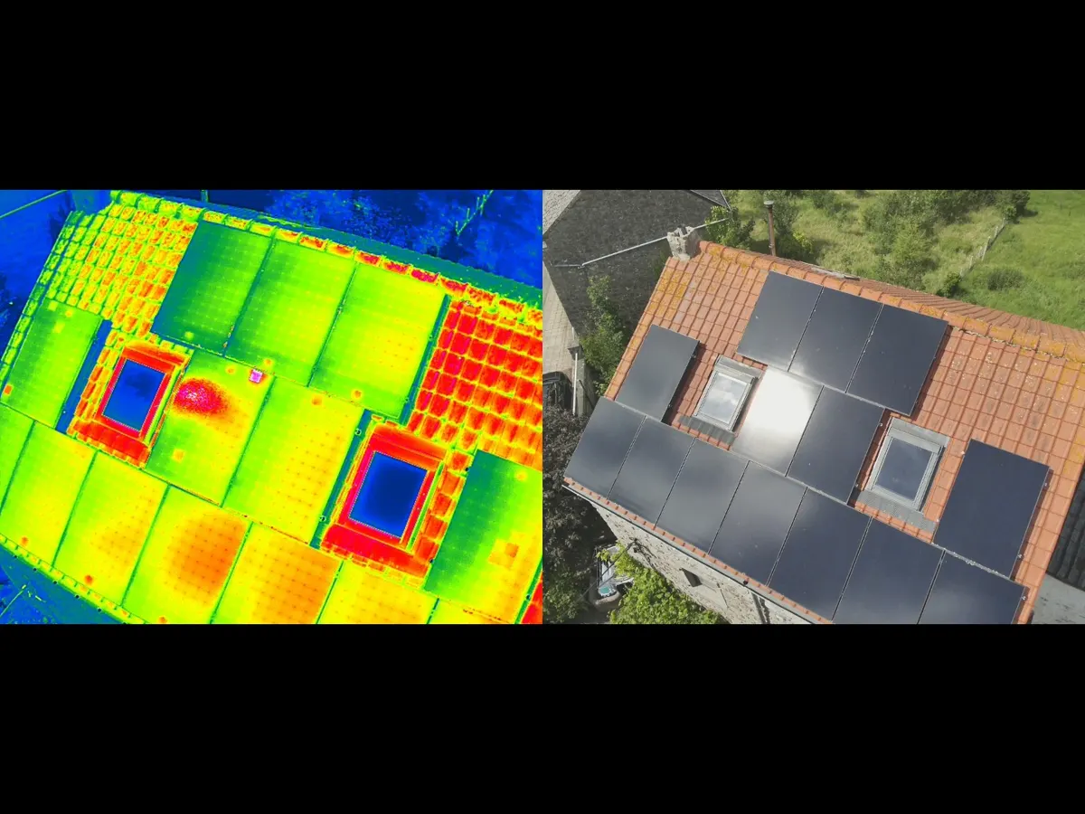 Toiture de maison en tuiles photographiée par drone avec zoom sur la corniche et le solin